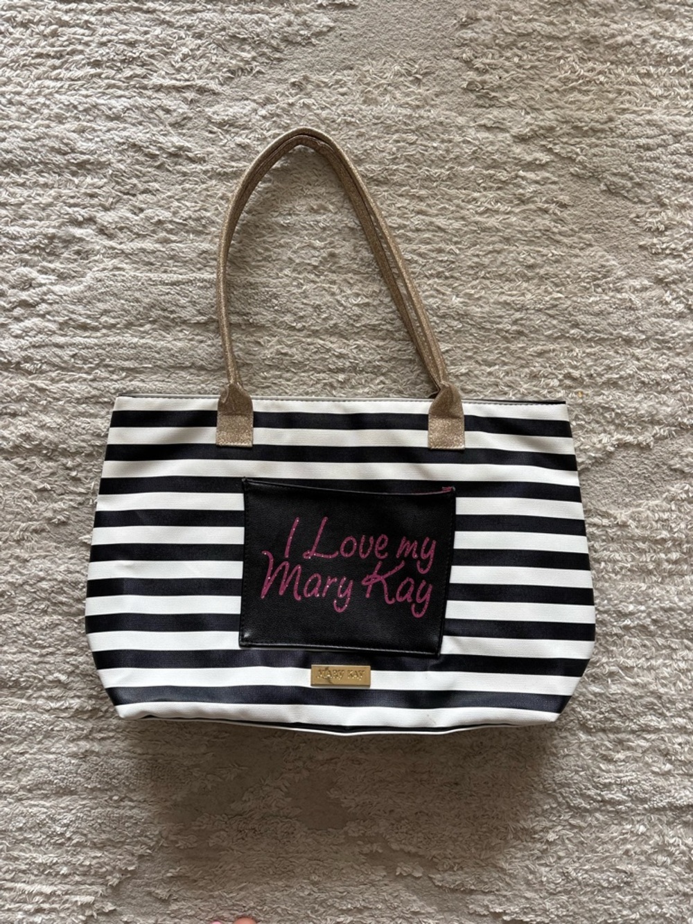Mary Kay Black & White Striped Tote with Gold Handles